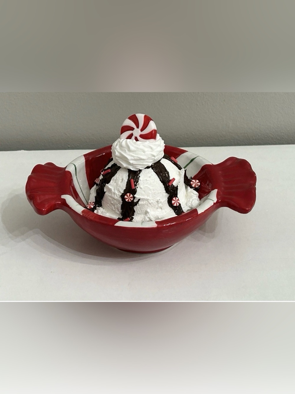 Festive Red Peppermint Candy Dish with Fake Ice Cream Display Handmade